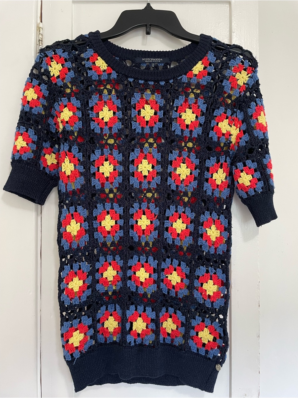 Scotch & Soda Navy crochet Open-Knit Floral Panel Top small